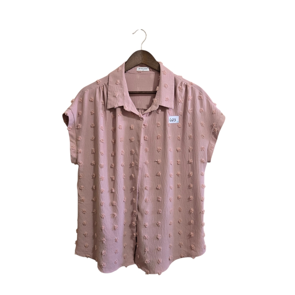 BOTHENIAL Women's Short Sleeve Chiffon Blouse Textured Size XL Pink‎ Button-Up
